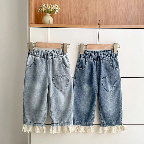 Girls Ruffle Lace Hem Heart Patch Jeans