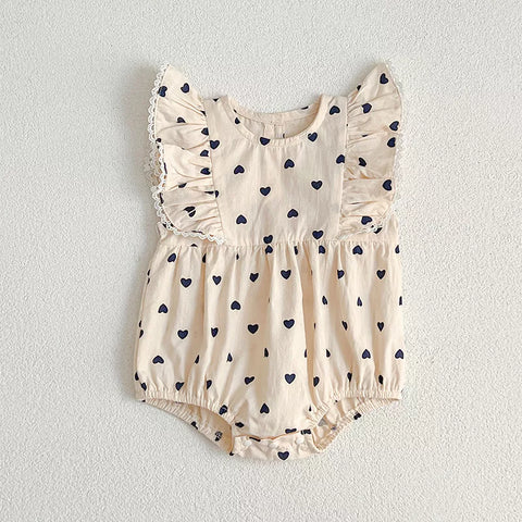 Girls Heart Print Cotton Ruffle Bodysuit Dress