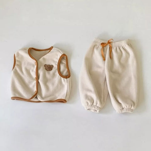 2 Pc Baby Boy Contrast Binding Vest & Pants Fleece Set