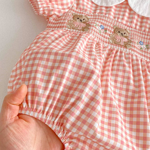 Baby Girl Bear Embroidery Gingham Bodysuit