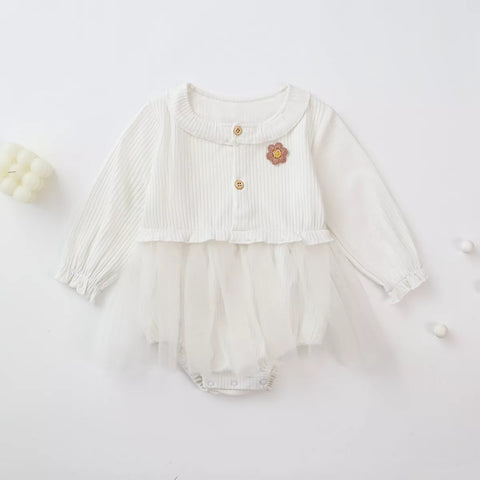 Baby Girl Ribbed Flower Patch Mesh Bodysuit Dress