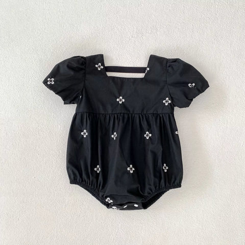 Girls Clover Embroidery Bubble Sleeve Bodysuit Dress