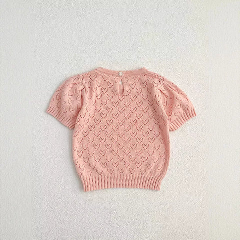 Baby Girl Pointelle Heart Short Sleeve Pullover