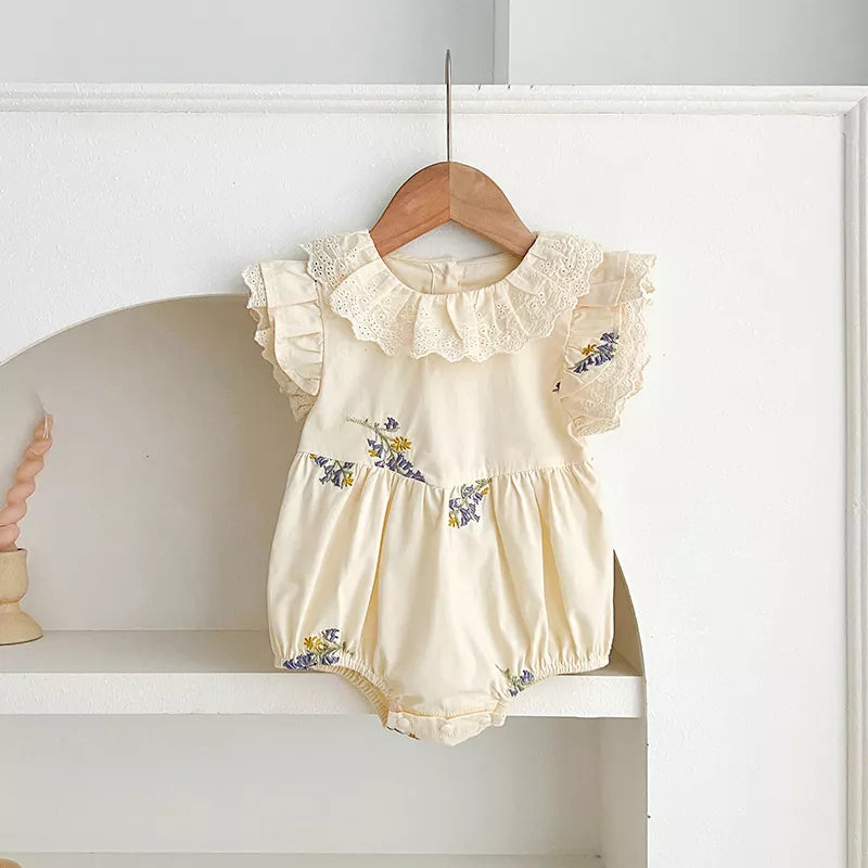 Girls Flower Embroidery Ruffle Collar Bodysuit or Dress