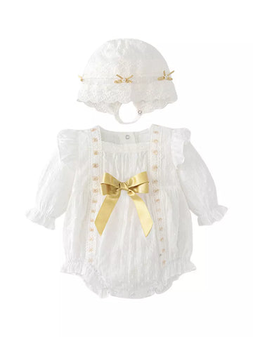 2 Pc Baby Girl Gold Ribbon Lace Bodysuit & Bonnet Set