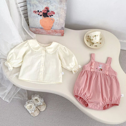 2 Pc Baby Girl Collar Shirt & Bunny Overall Bodysuit