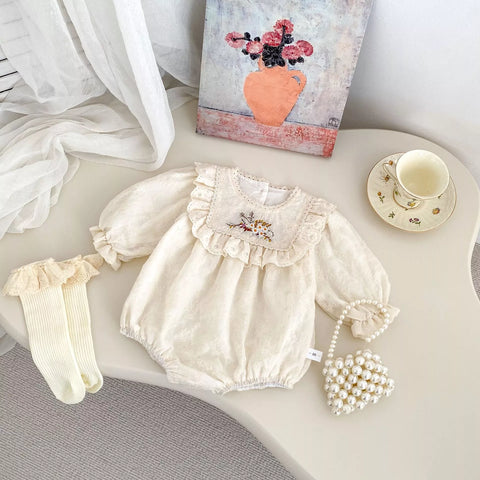 Baby Girl Square Ruffle Bib Flower Embroidery Bodysuit
