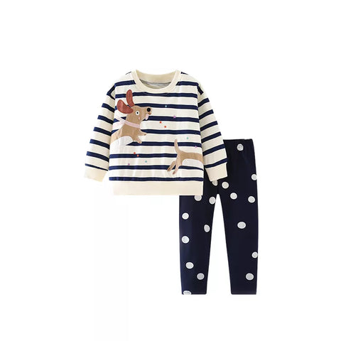 2 Pc Girls Stripe Doggy Patch Shirt & Dots Leggings Set