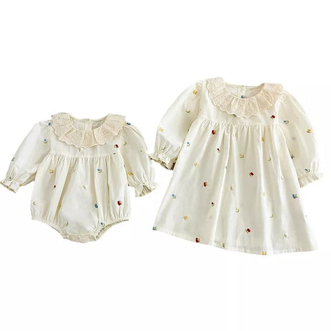 Girls Mini Fruit Embroidery Ruffle Collar Bodysuit or Dress