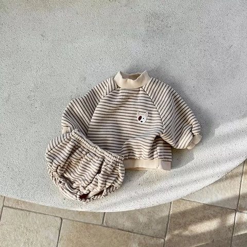 2 Pc Baby Boy Mock Neck Stripe Fleece Sweatshirt & Bloomer Set