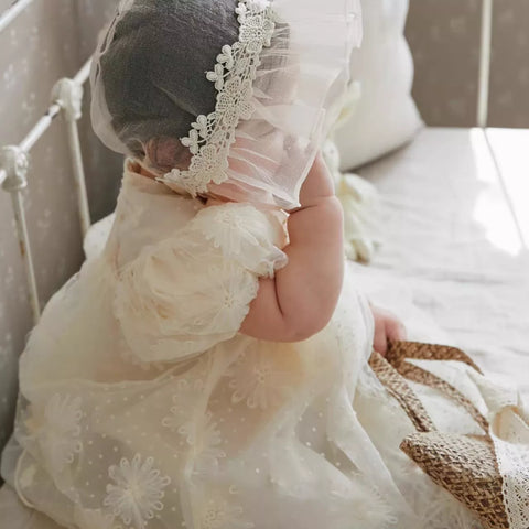 Baby Girl Elegant Flower Emb Mesh Puff Sleeve Dress