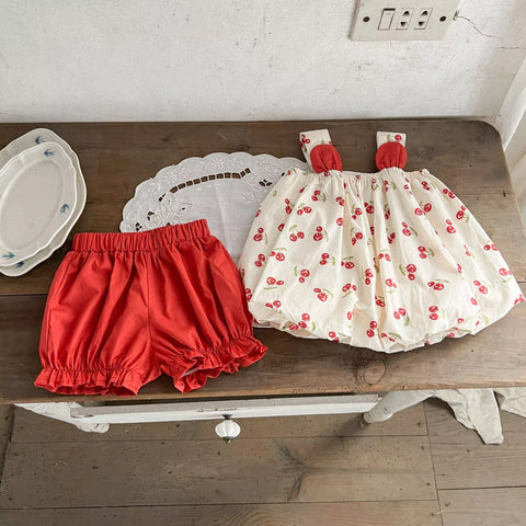 2 Pc Baby Girl Cherry Bubble Shirt & Shorts Set