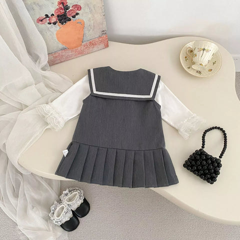 2 Pc Girls Contrast Ribbon Pinafore Dress