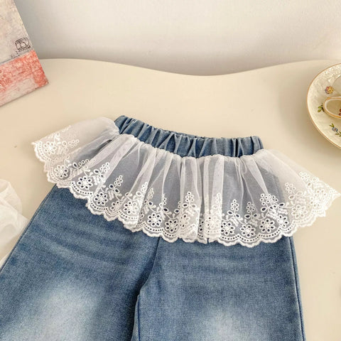 Girls Wide leg Jeans w/ Lace Skirt Overlay