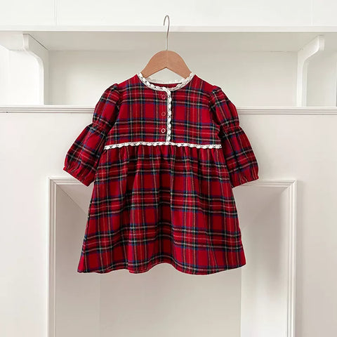 Girls Red Plaid Lace Trim Bodysuit or Dress