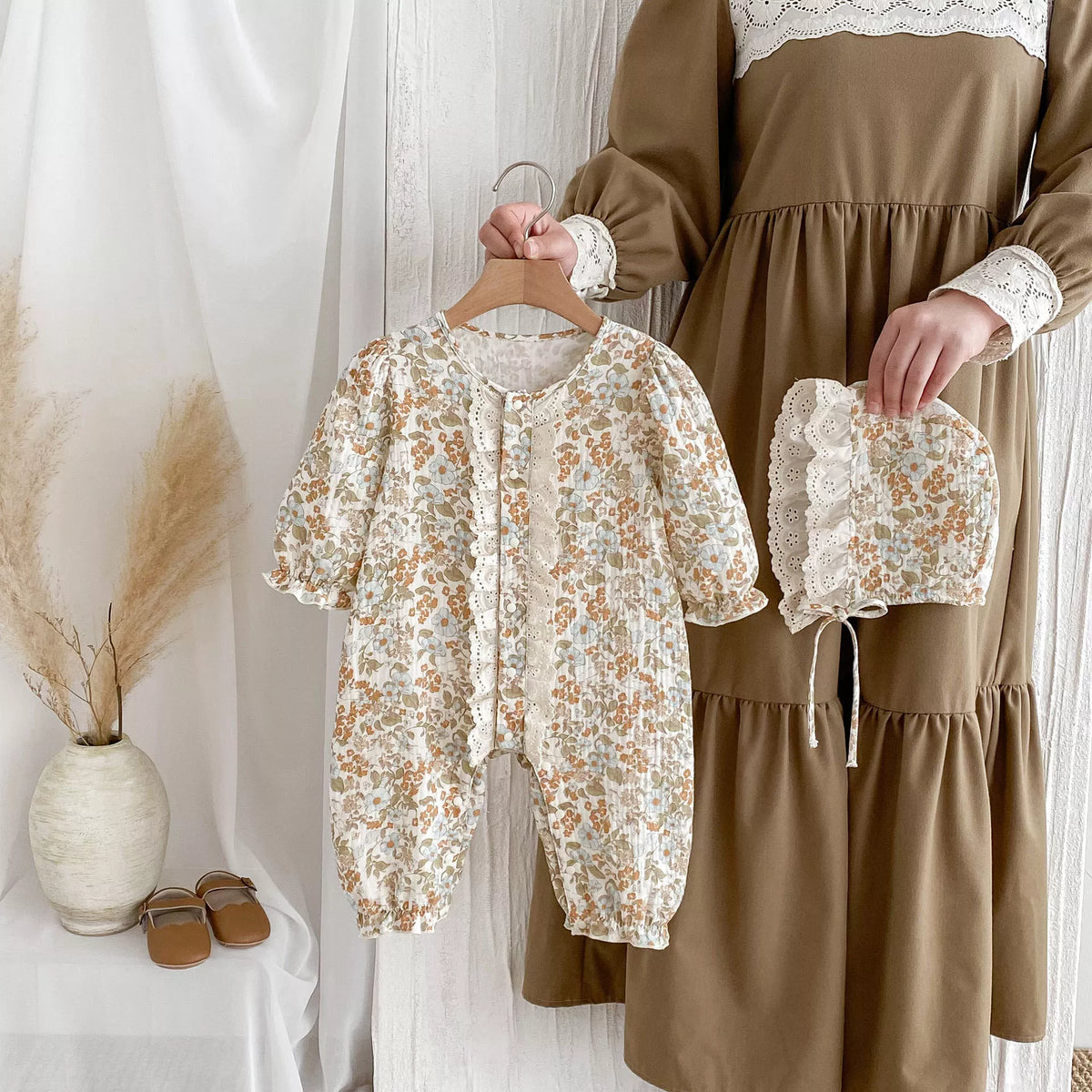 2 Pc Autumn Baby Girl Rustic Floral Romper w/ Bonnet