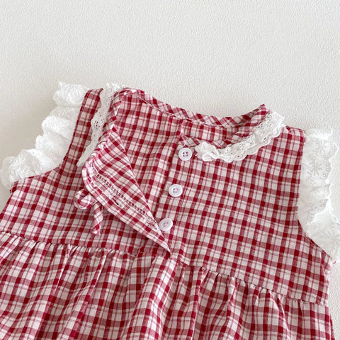 2 Pc Baby Girl Plaid Lace Trim Bodysuit w/ Bandana