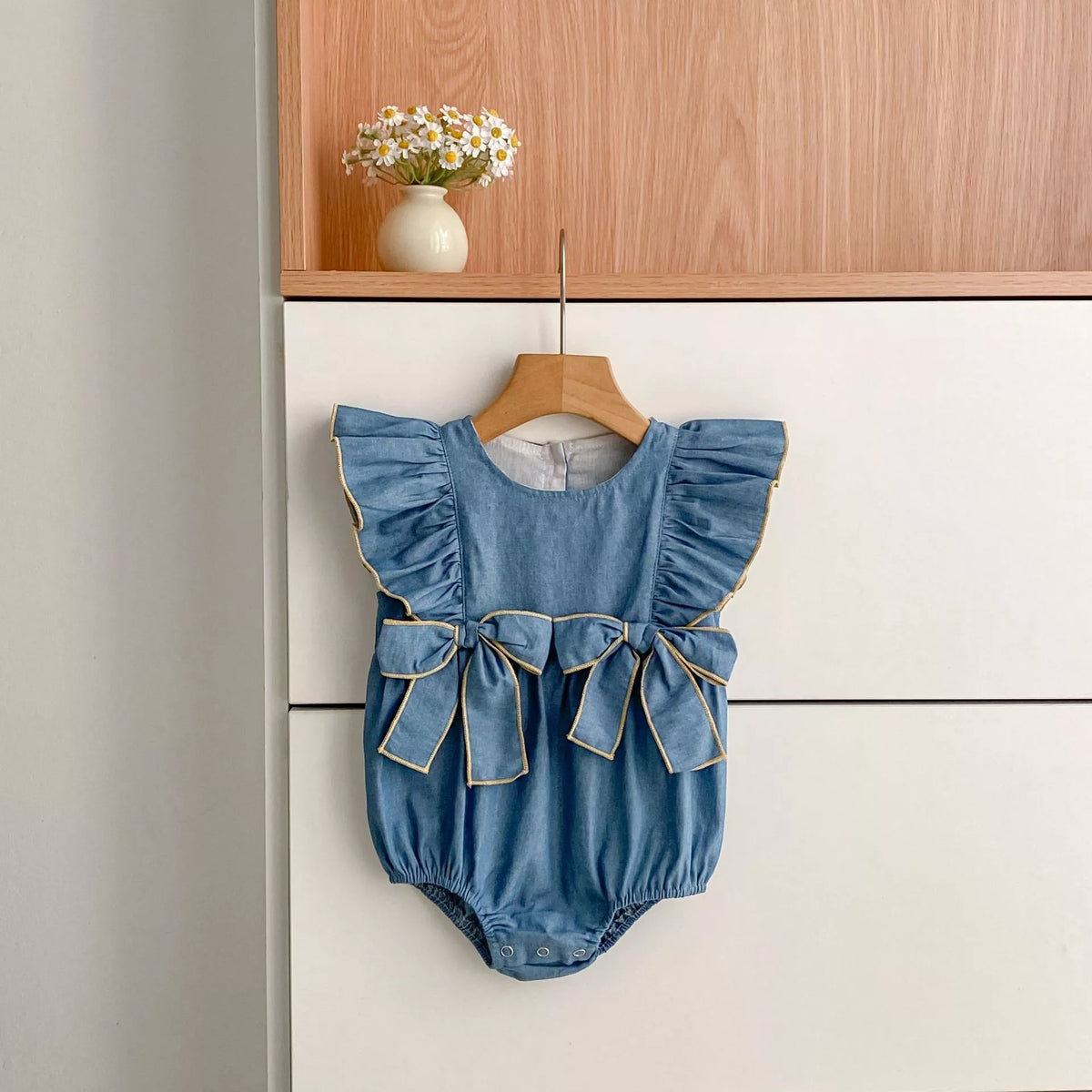 Girls Bows Chambray Denim Dress/Bodysuit