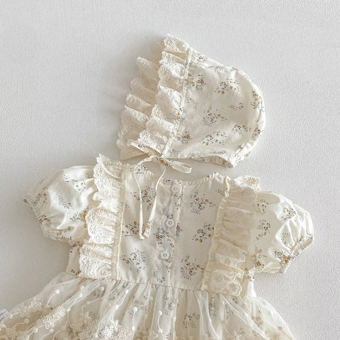 2 Pc Baby Girl Ditsy Lace Floral Dress with Bonnet
