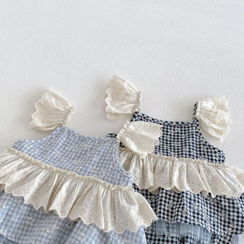 Baby Girls Gingham Lace Sleeve Bodysuit Dress