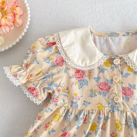 Girls Vintage Flower Print Collar Bodysuit or Dress