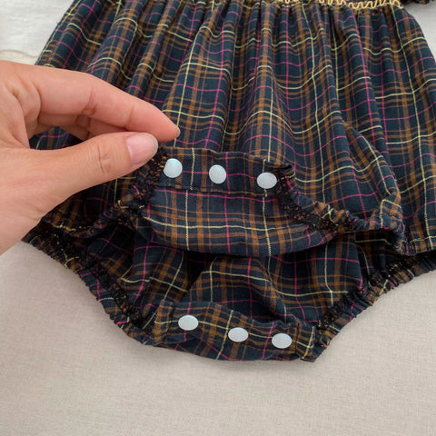 Girls Smocked Fall Plaid Ruffle Peter Pan Collar Bodysuit or Dress