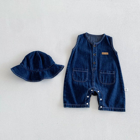 2 pc Baby Boy Denim Romper w/ Hat
