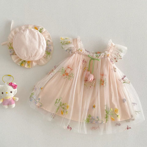 2 pc Baby Girl Wild Flower Tulip Dress w/ Hat