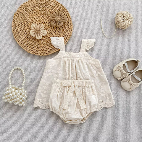 2 pc Baby Girl Cute Floral Emb Top & Bloomers Set