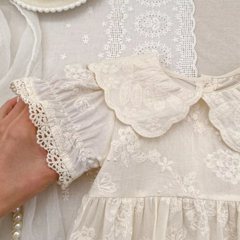 Girls Flower Pattern Emb Scallop Collar Dress or Bodysuit