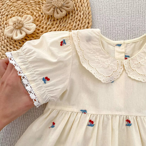 Girls Cotton Cherry Embroidered Puff Sleeve Bodysuit or Dress