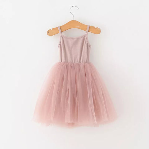 Girls Basic Ribbed Cami Mesh Tulle Dress