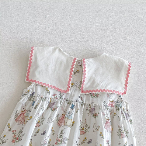 Baby Girl Square Bib Collar Bunny Print Bodysuit