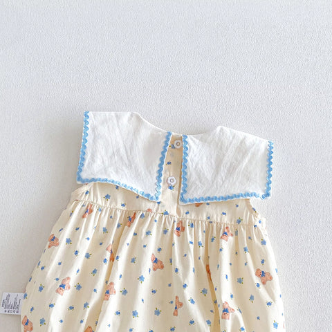 Baby Girl Square Bib Collar Bear Print Bodysuit