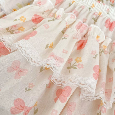 Girls Tiered Ruffle Bow Print Skirt