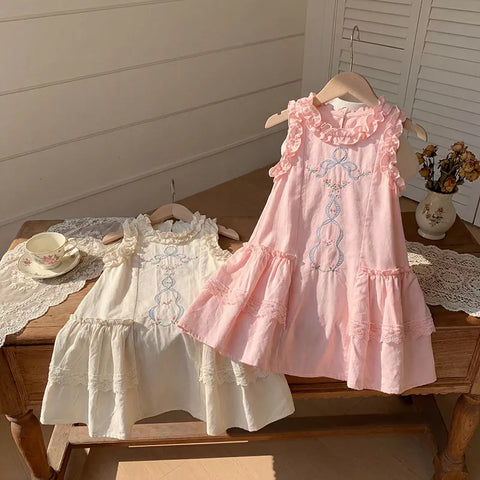 Girls Ruffle Low Waist Ribbon Emb Dress