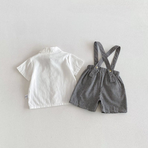 2 Pc Boys Plaid Suspenders Shorts & Shirt Set