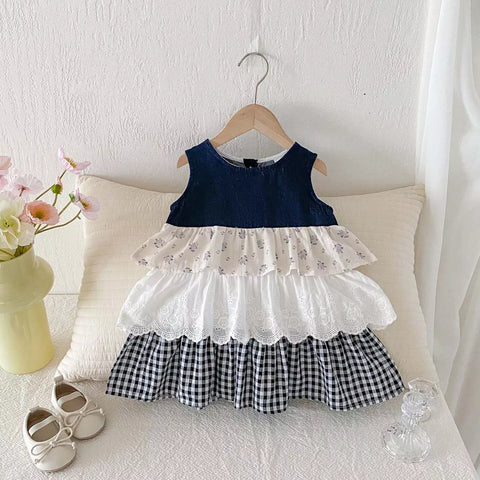 Girls Ruffle Tiered Mix Fabric Skirt Dress