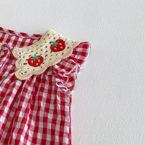 Baby Girl Crochet Strawberry Gingham Romper