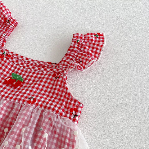 Baby Girl Cherry Plaid Lace Overlay Bodysuit Dress