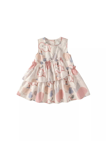 Girls Apple Print Layered Ruffle Dress