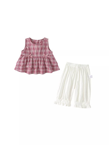 2 Pc Girls Boho Plaid Top & Ruffle Capri Pants Set