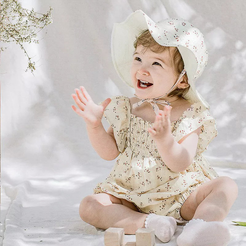 2 pc Baby Girl Floral Dots Bodysuit w/ Bonnet Hat