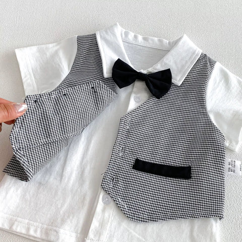 2 Pc Boys Houndstooth Bow Tie Vest Shirt & Shorts Set