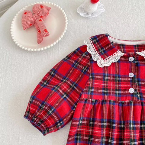 Girls Tartan Print Lace Collar Bodysuit or Dress