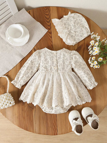 2 Baby Girl Autumn Flower Bodysuit w/ Bonnet Hat