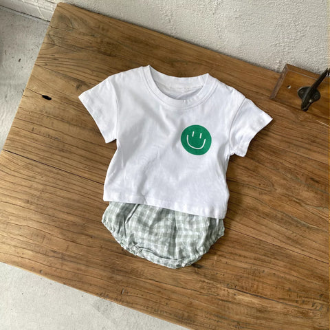 2 Pc Unisex Baby Happy Face Tee and Gingham Shorts