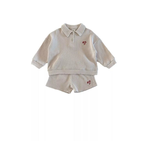 2 Pc Kids Ribbed Polo Sweatshirt & Shorts Set
