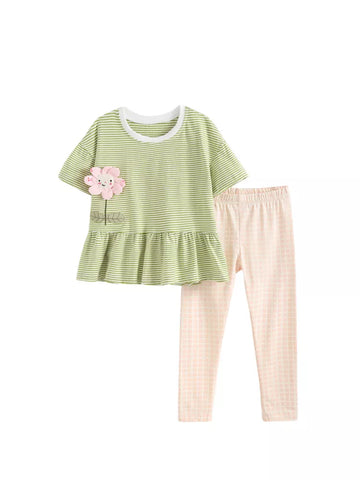 2 Pc Girls Spring Flower & Gingham Leggings Set