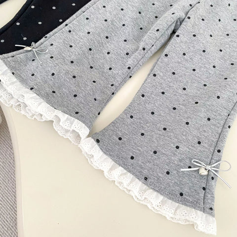 Girls Polka Dot Lace Trim Flare Pants
